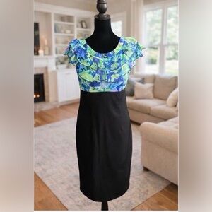 AB Studio Floral Ruffle Colorblock Dress Size 4 Blue Green Black Work Party